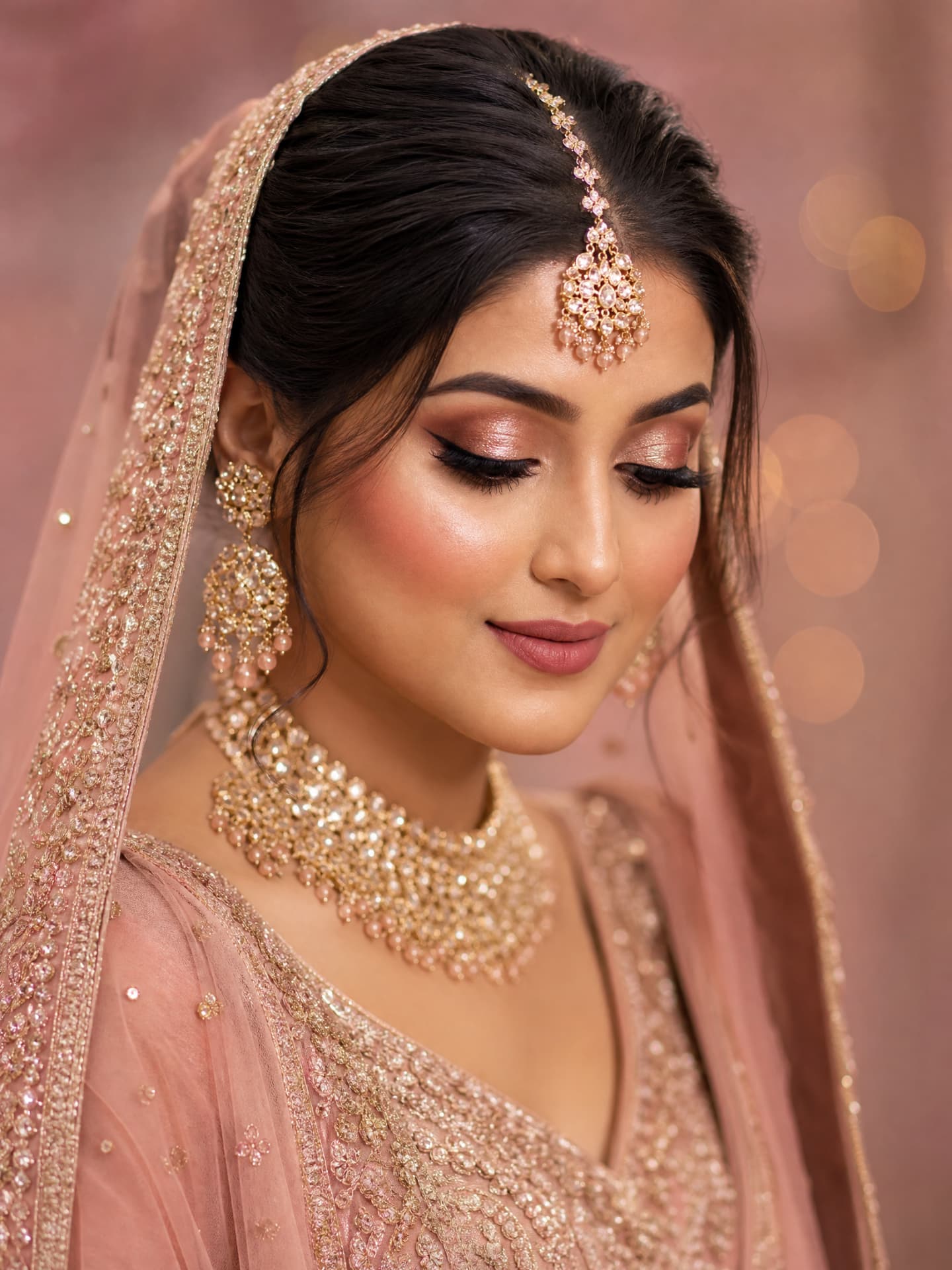 Bride in a blush embroidered dupatta with rose-gold shimmer eyes, winged liner, glowing skin and gold kundan jewellery