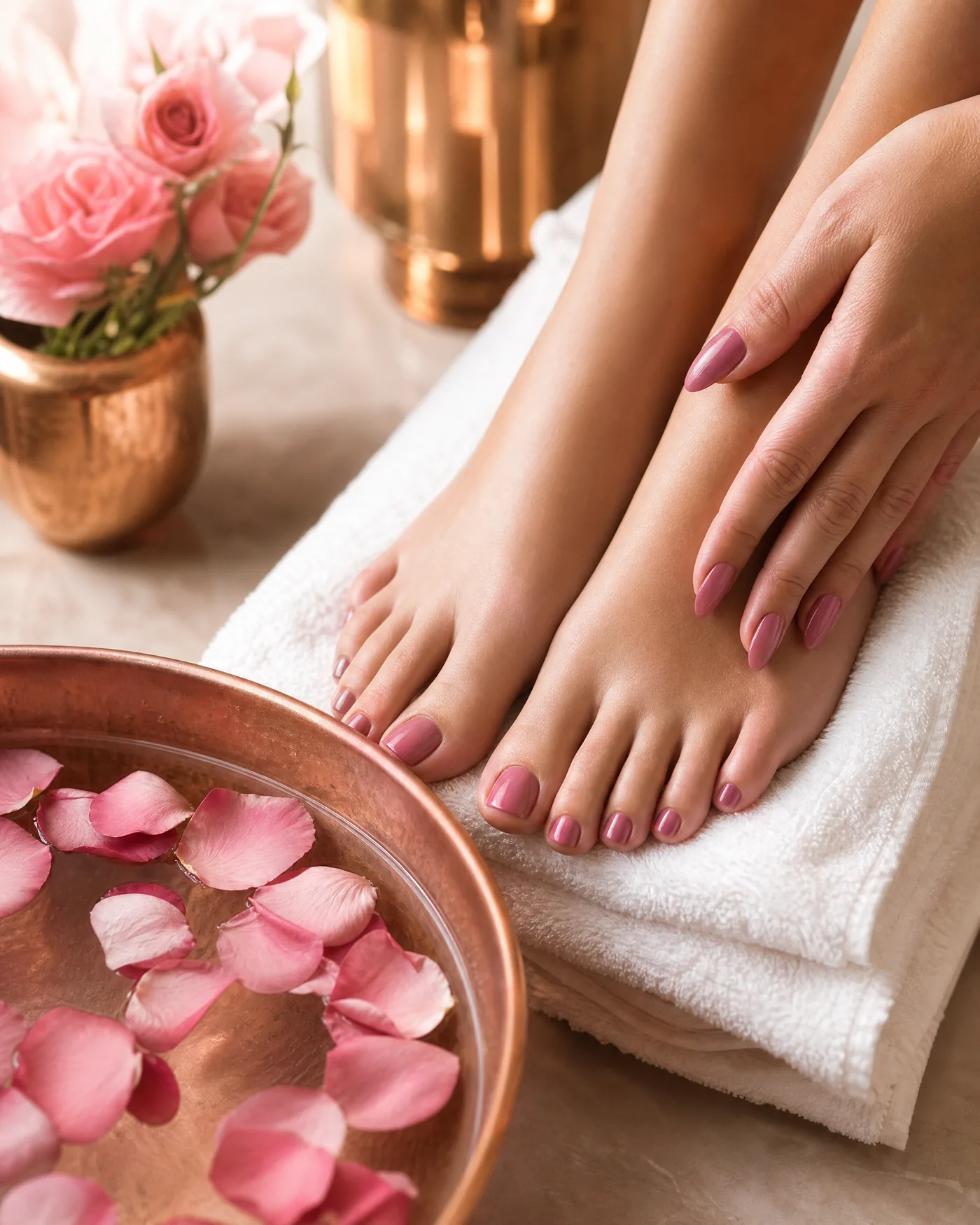 Freshly polished mauve-pink pedicure and manicure beside a copper bowl of rose petals and white towels
