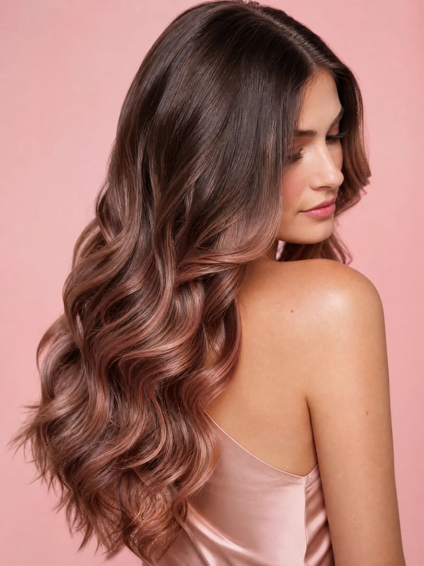 Model showing glossy rose-gold balayage waves styled at Yathreeb
