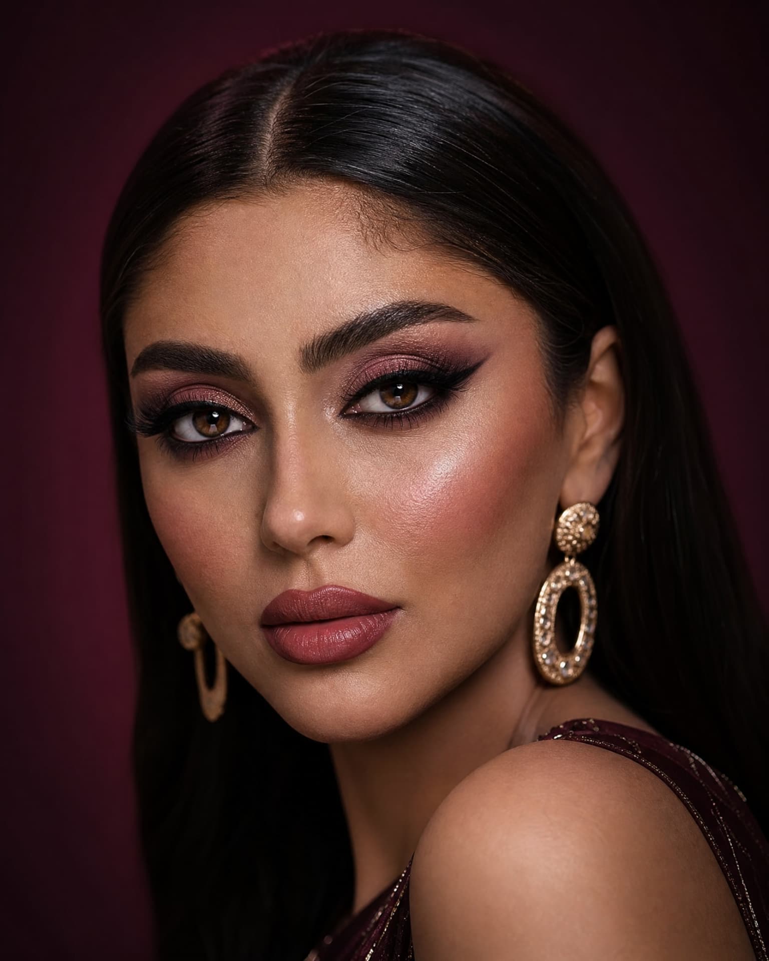 Bridal soft-glam makeup with rose smokey eyes and gold jewellery