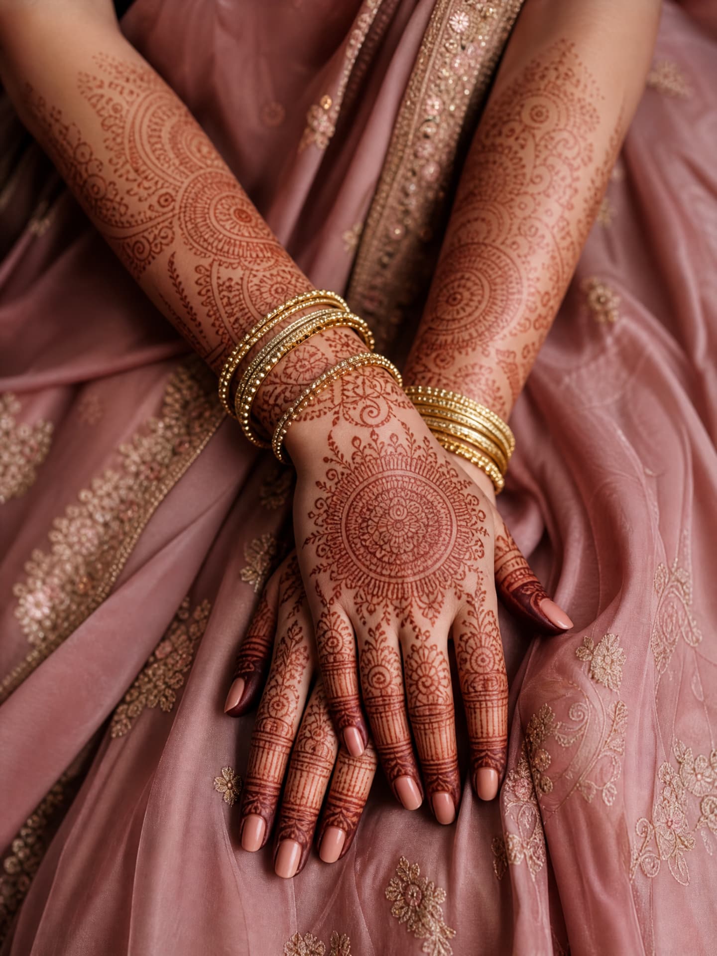 Both arms covered in intricate full-arm bridal henna mandalas and paisley detailing, worn with gold bangles over a dusty rose saree