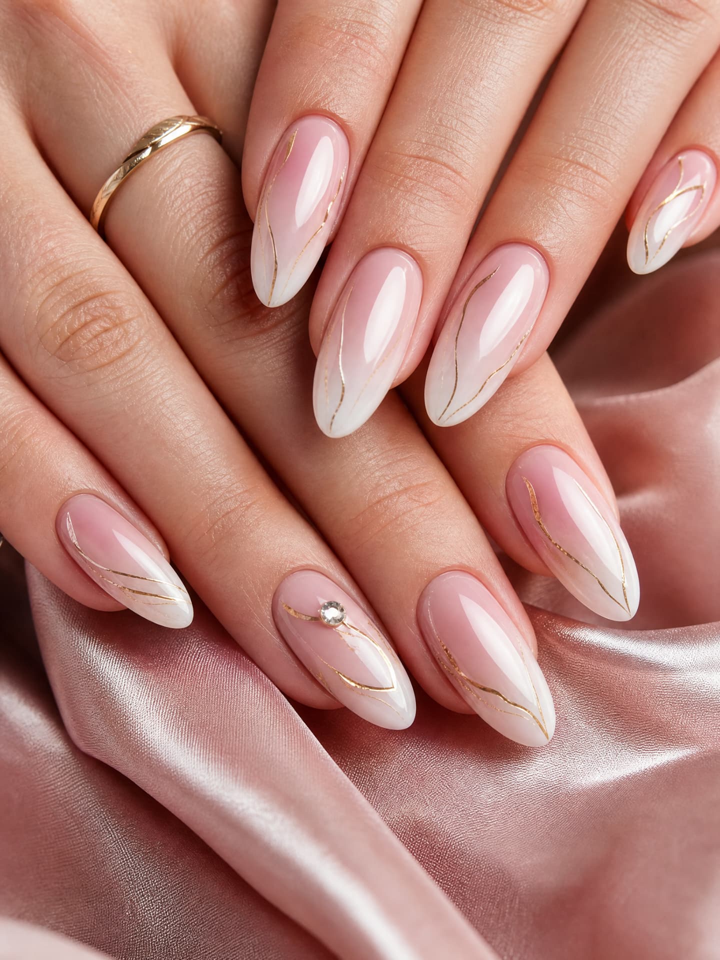 Almond gel nails in a soft pink-to-milk ombré with fine hand-painted gold line art and a single crystal accent, resting on blush silk