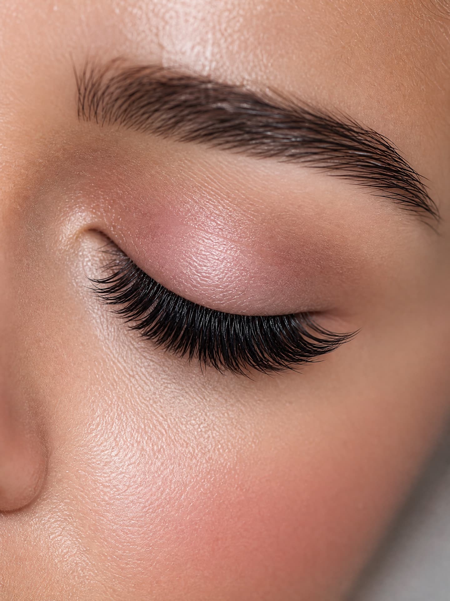 Close-up of a closed eye with dense volume lash extensions and a freshly shaped, brushed-up brow