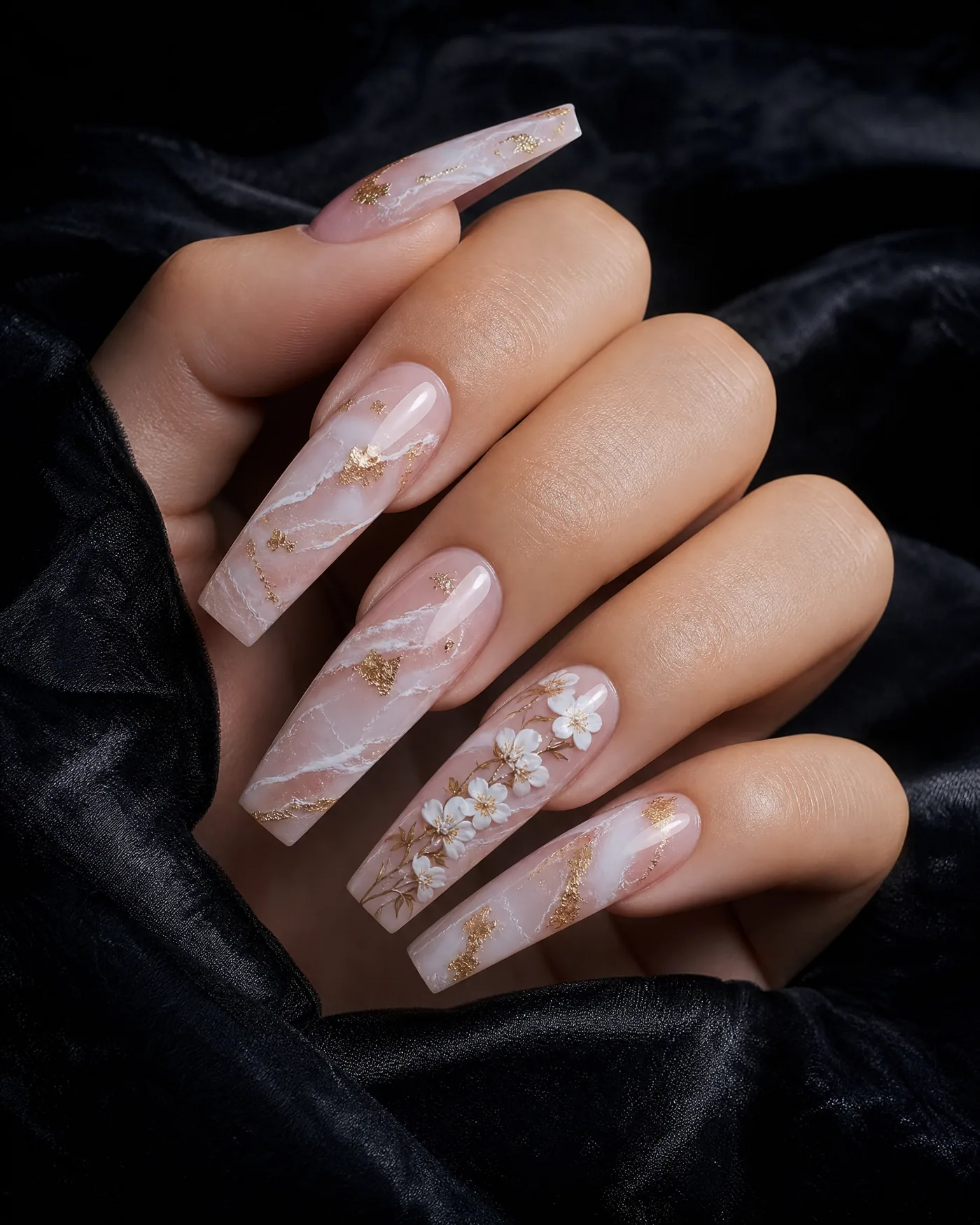 Long coffin gel nails in pink marble with gold foil veins and sculpted white 3D blossom detailing